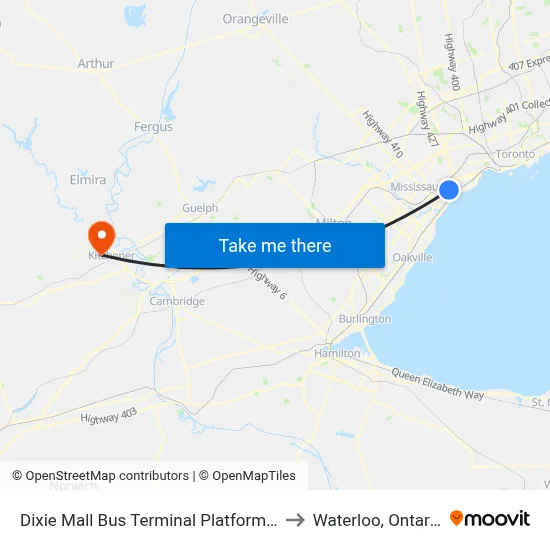 Dixie Mall Bus Terminal Platform B to Waterloo, Ontario map