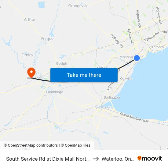 South Service Rd at Dixie Mall North Access to Waterloo, Ontario map