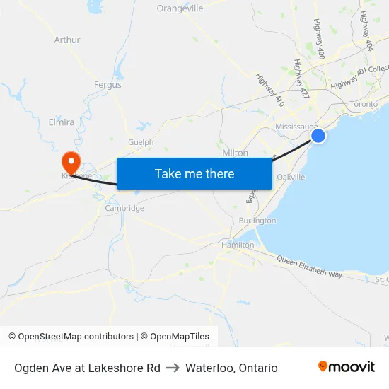 Ogden Ave at Lakeshore Rd to Waterloo, Ontario map