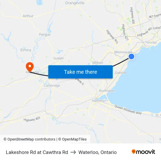 Lakeshore Rd at Cawthra Rd to Waterloo, Ontario map