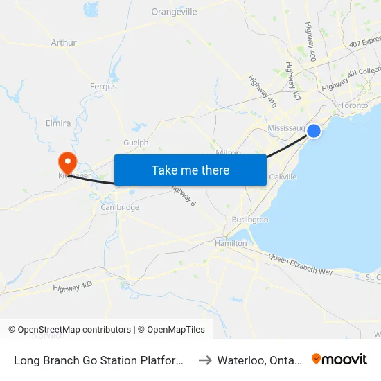 Long Branch Go Station Platform A to Waterloo, Ontario map