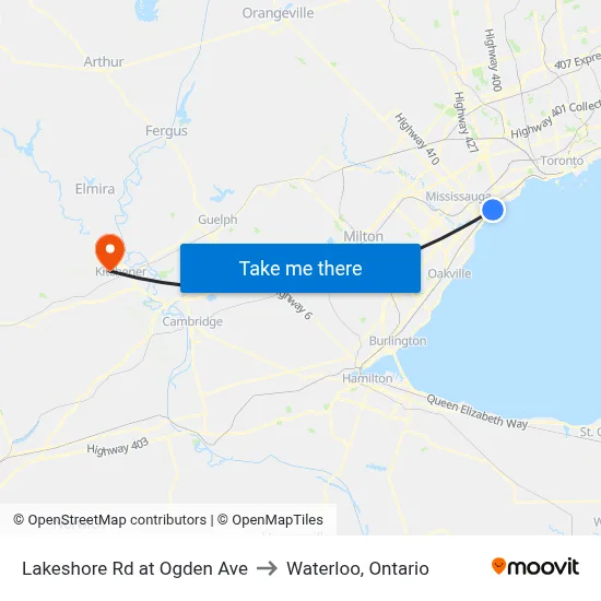 Lakeshore Rd at Ogden Ave to Waterloo, Ontario map