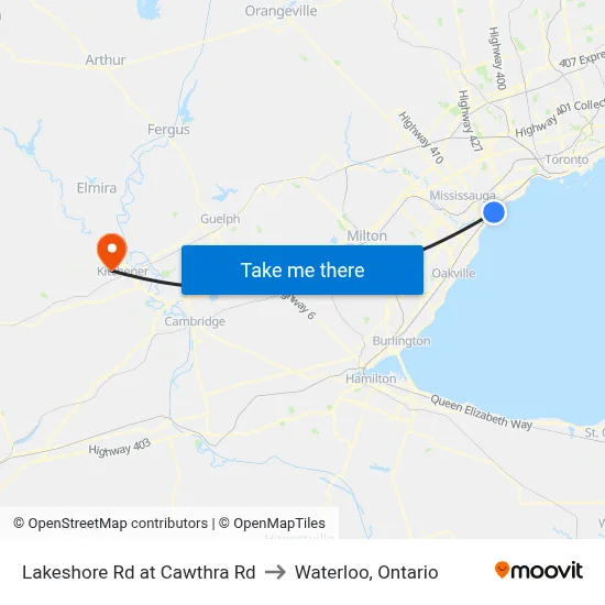 Lakeshore Rd at Cawthra Rd to Waterloo, Ontario map