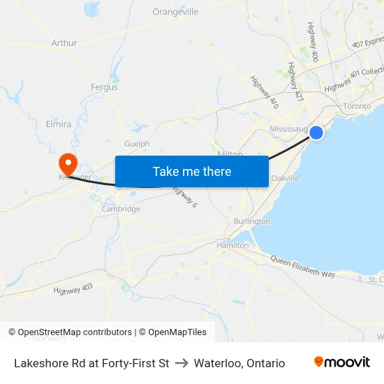 Lakeshore Rd at Forty-First St to Waterloo, Ontario map