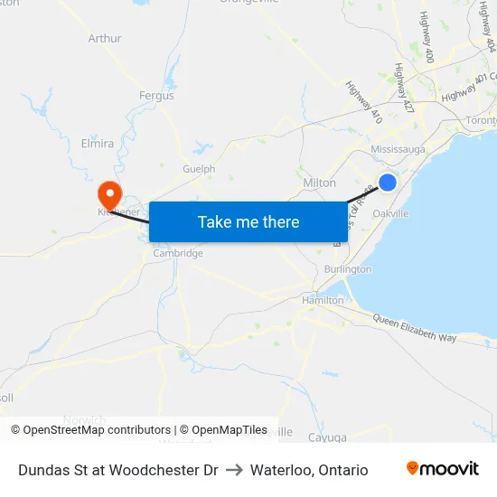 Dundas St at Woodchester Dr to Waterloo, Ontario map