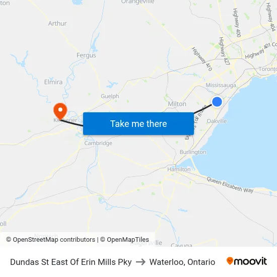 Dundas St East Of Erin Mills Pky to Waterloo, Ontario map