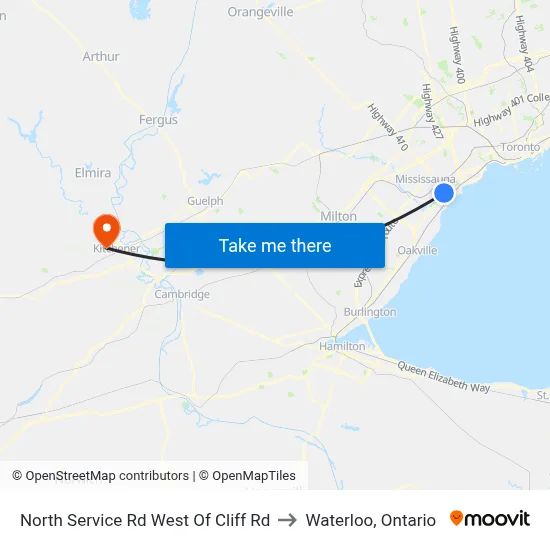 North Service Rd West Of Cliff Rd to Waterloo, Ontario map