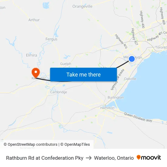 Rathburn Rd at Confederation Pky to Waterloo, Ontario map
