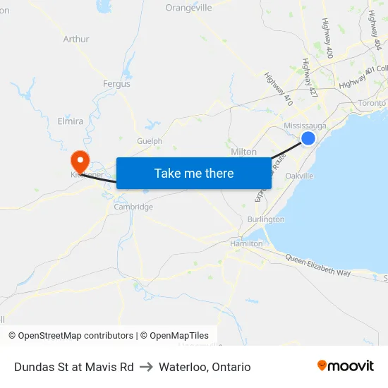 Dundas St at Mavis Rd to Waterloo, Ontario map