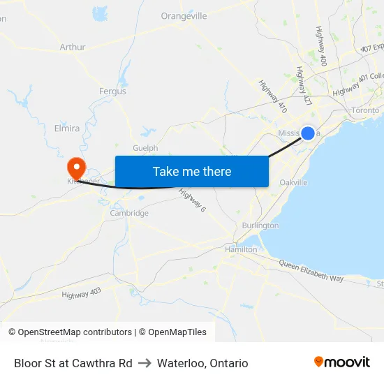 Bloor St at Cawthra Rd to Waterloo, Ontario map
