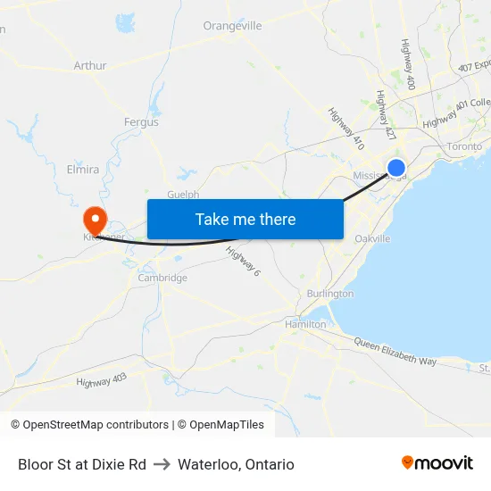 Bloor St at Dixie Rd to Waterloo, Ontario map