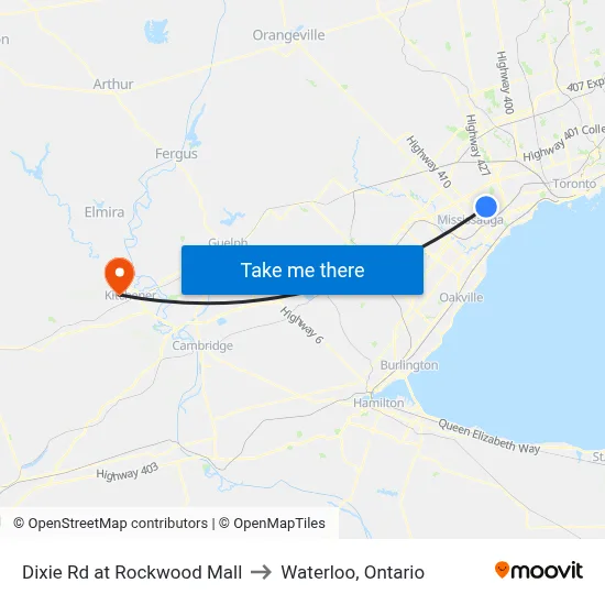 Dixie Rd at Rockwood Mall to Waterloo, Ontario map