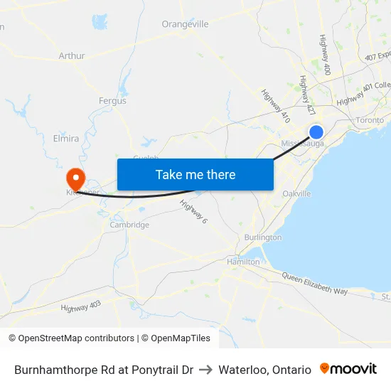 Burnhamthorpe Rd at Ponytrail Dr to Waterloo, Ontario map