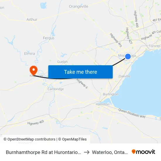 Burnhamthorpe Rd at Hurontario St to Waterloo, Ontario map