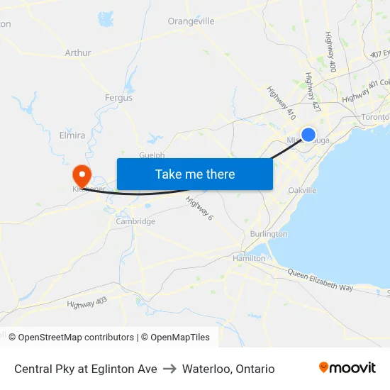 Central Pky at Eglinton Ave to Waterloo, Ontario map
