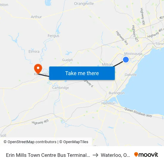 Erin Mills Town Centre Bus Terminal Platform C to Waterloo, Ontario map