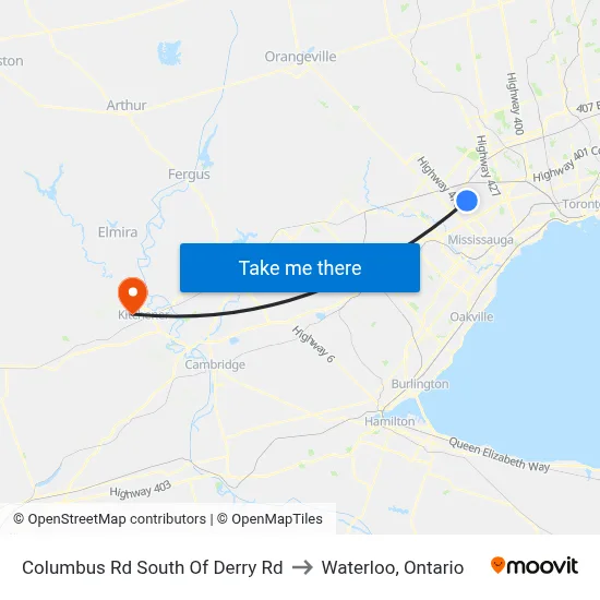 Columbus Rd South Of Derry Rd to Waterloo, Ontario map