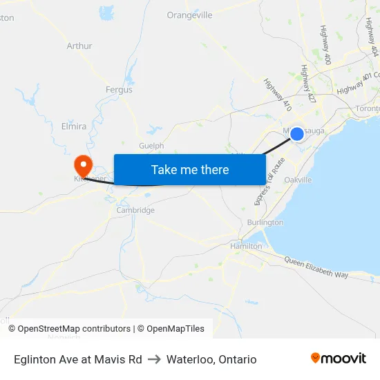 Eglinton Ave at Mavis Rd to Waterloo, Ontario map
