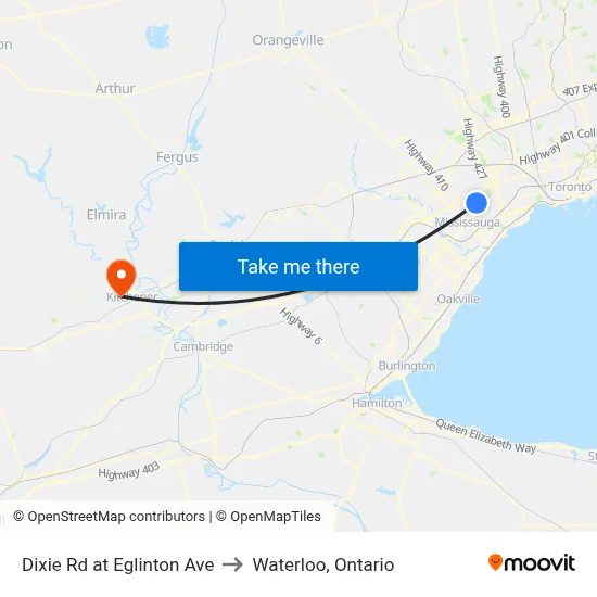 Dixie Rd at Eglinton Ave to Waterloo, Ontario map
