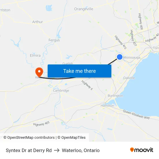 Syntex Dr at Derry Rd to Waterloo, Ontario map
