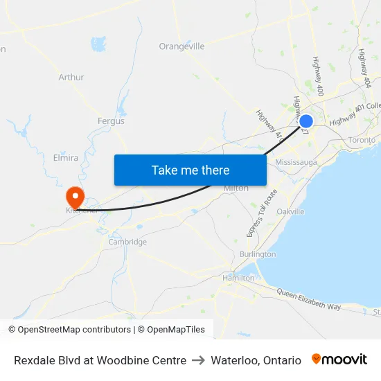 Rexdale Blvd at Woodbine Centre to Waterloo, Ontario map