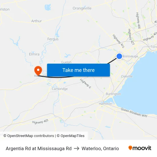 Argentia Rd at Mississauga Rd to Waterloo, Ontario map