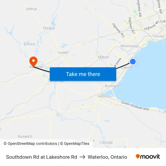 Southdown Rd at Lakeshore Rd to Waterloo, Ontario map