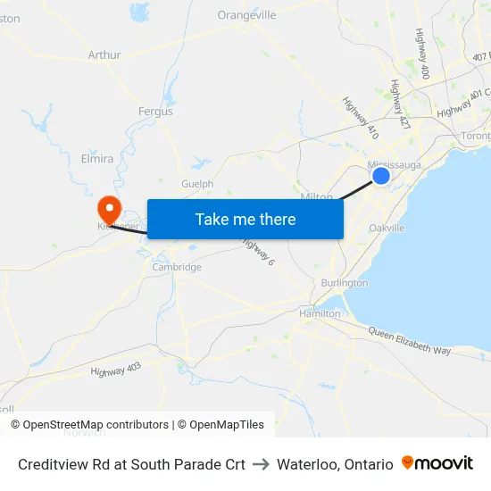 Creditview Rd at South Parade Crt to Waterloo, Ontario map
