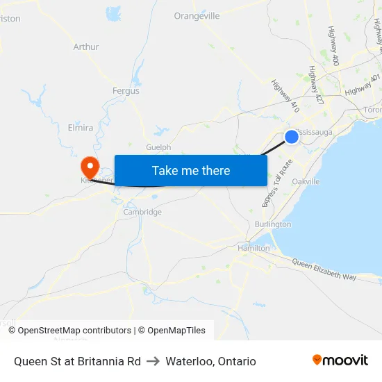 Queen St at Britannia Rd to Waterloo, Ontario map
