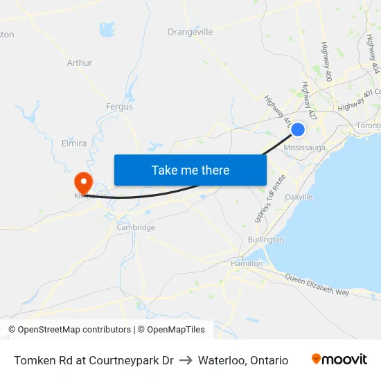 Tomken Rd at Courtneypark Dr to Waterloo, Ontario map