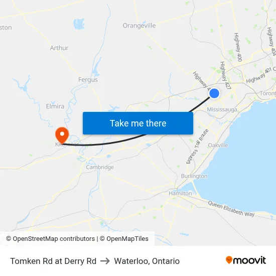 Tomken Rd at Derry Rd to Waterloo, Ontario map