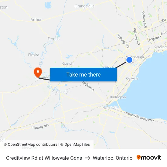 Creditview Rd at Willowvale Gdns to Waterloo, Ontario map