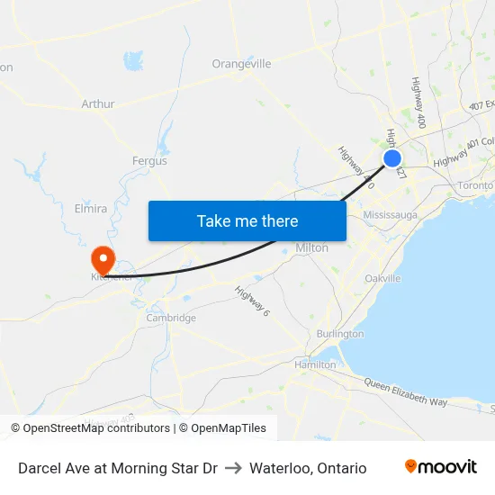 Darcel Ave at Morning Star Dr to Waterloo, Ontario map