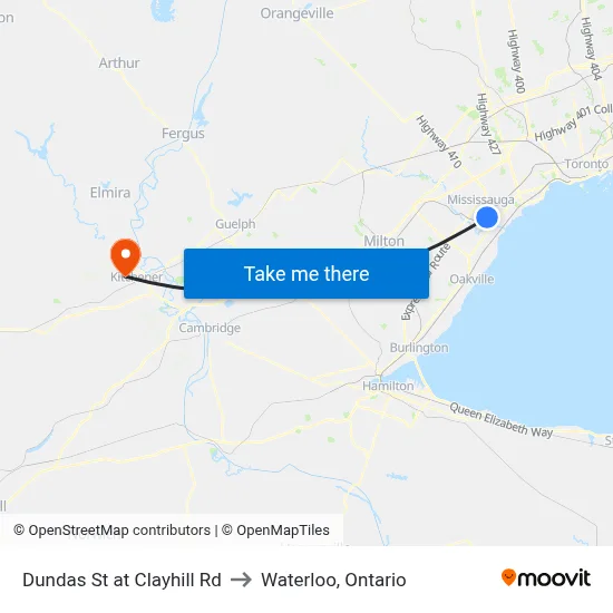 Dundas St at Clayhill Rd to Waterloo, Ontario map