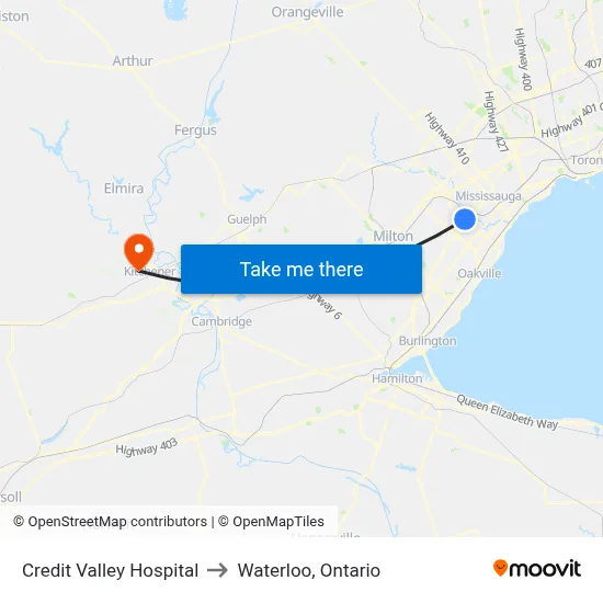 Credit Valley Hospital to Waterloo, Ontario map