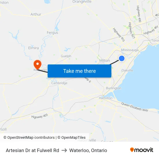 Artesian Dr at Fulwell Rd to Waterloo, Ontario map