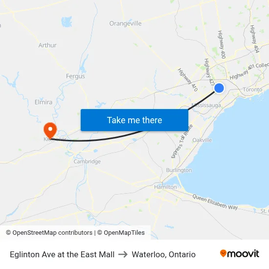 Eglinton Ave at the East Mall to Waterloo, Ontario map