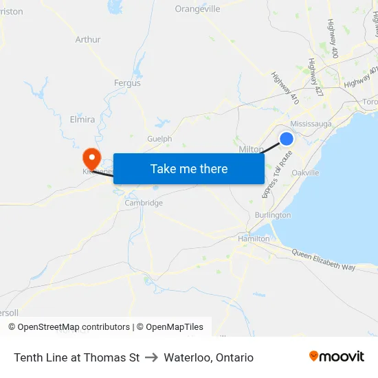 Tenth Line at Thomas St to Waterloo, Ontario map