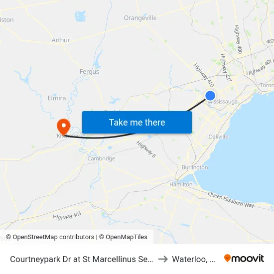Courtneypark Dr at St Marcellinus Secondary School to Waterloo, Ontario map