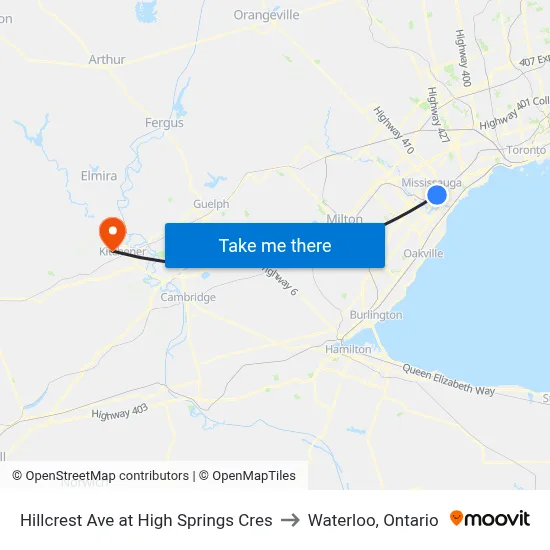 Hillcrest Ave at High Springs Cres to Waterloo, Ontario map
