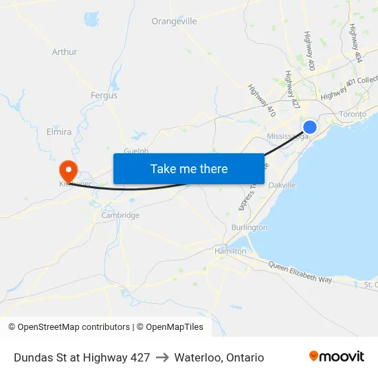 Dundas St at Highway 427 to Waterloo, Ontario map