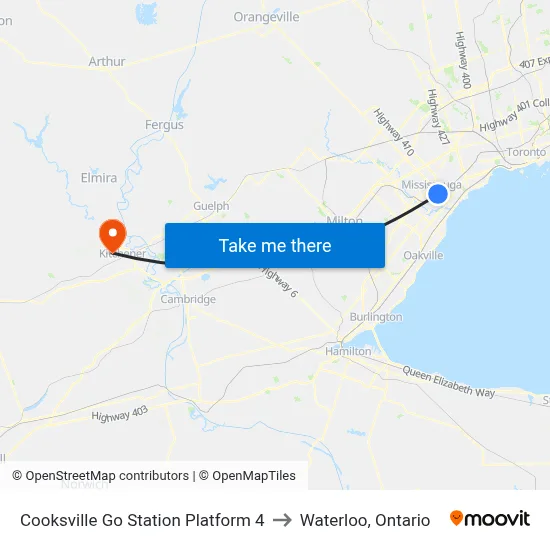 Cooksville Go Station Platform 4 to Waterloo, Ontario map