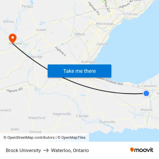 Brock University to Waterloo, Ontario map