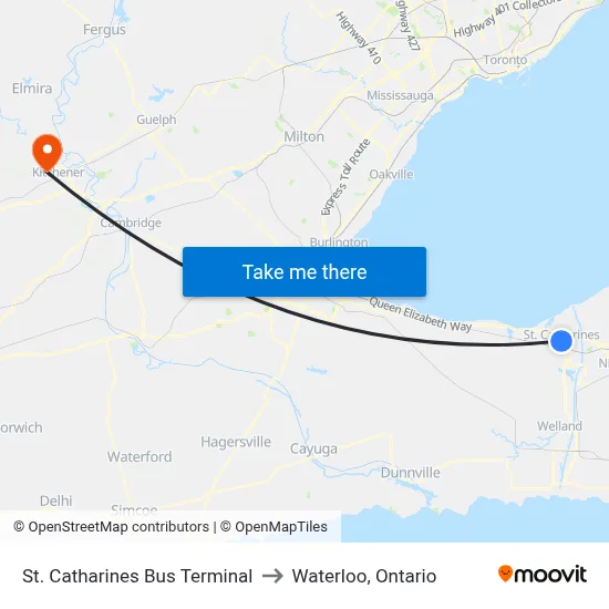 St. Catharines Bus Terminal to Waterloo, Ontario map