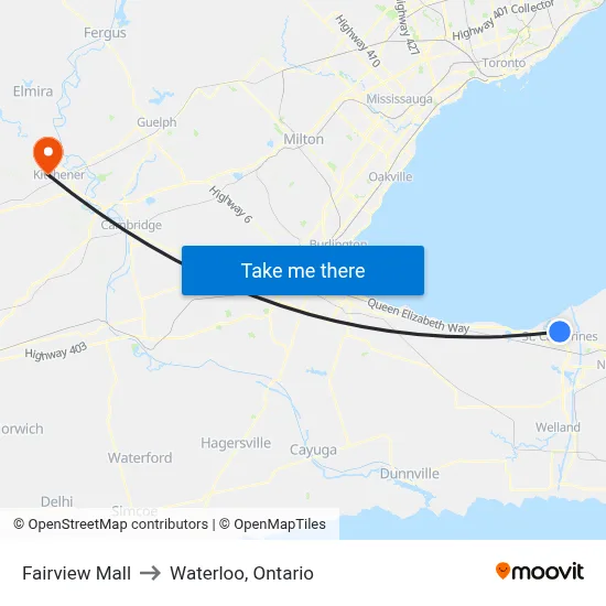 Fairview Mall to Waterloo, Ontario map