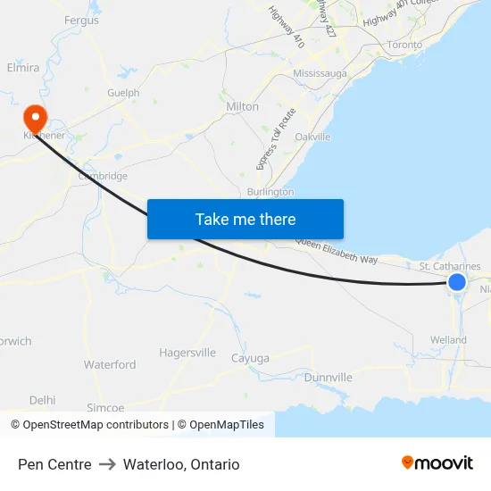 Pen Centre to Waterloo, Ontario map