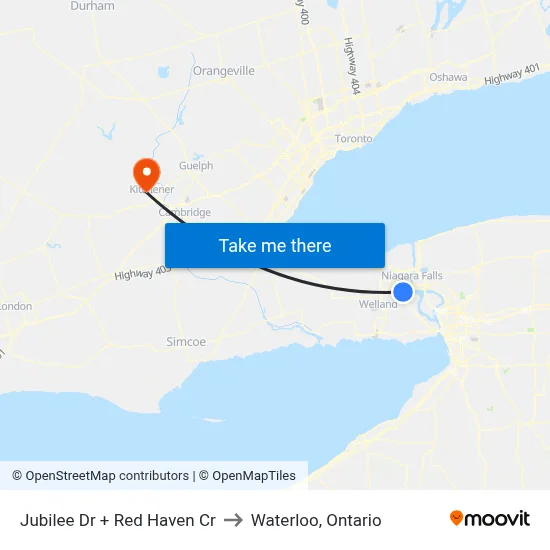 Jubilee Dr + Red Haven Cr to Waterloo, Ontario map