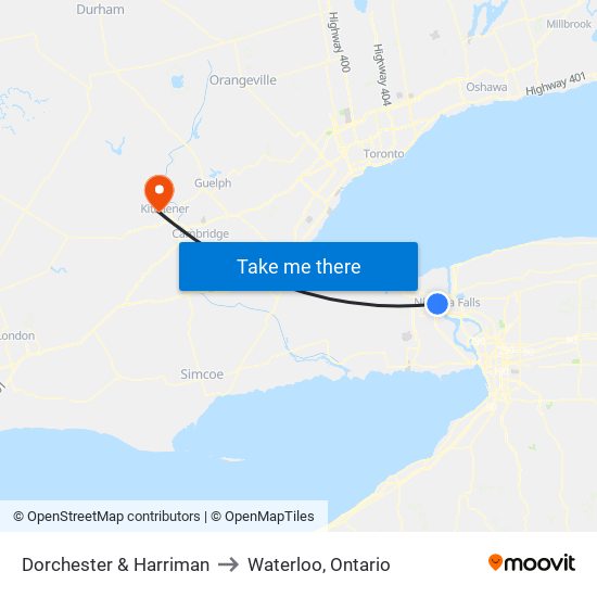 Dorchester & Harriman to Waterloo, Ontario map