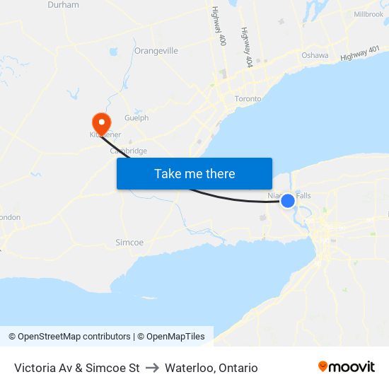 Victoria Av & Simcoe St to Waterloo, Ontario map