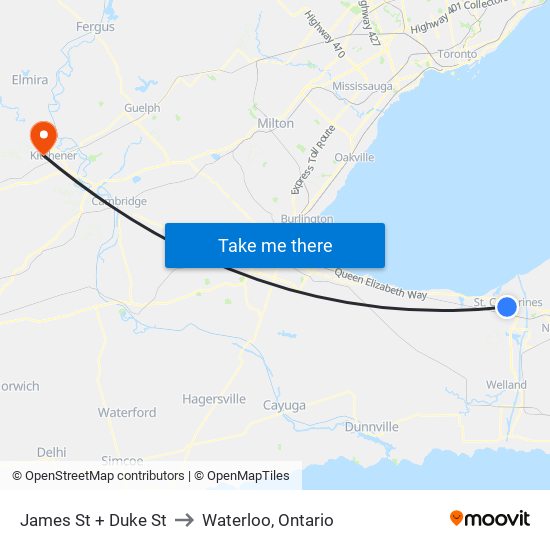 James St + Duke St to Waterloo, Ontario map